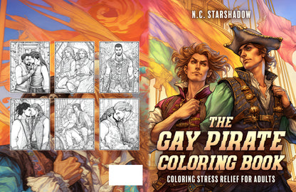 A coloring book titled "The Gay Pirate Coloring Book: Coloring Stress Relief for Adults" by N.C. Starshadow, displaying both front and back covers. The front features two gay pirates standing in front of Gay Pride flags on the cover, while the back features six sample images of the pages within.