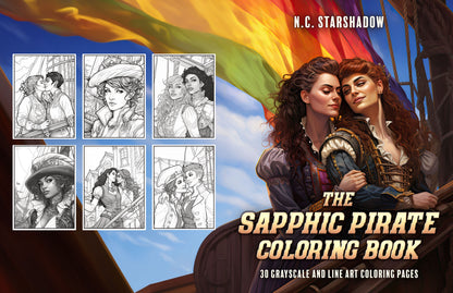 A coloring book titled "The Gay Pirate Coloring Book: Coloring Stress Relief for Adults" by N.C. Starshadow, displaying both front and back covers. The front features two gay pirates standing in front of Gay Pride flags on the cover, while the back features six sample images of the pages within.