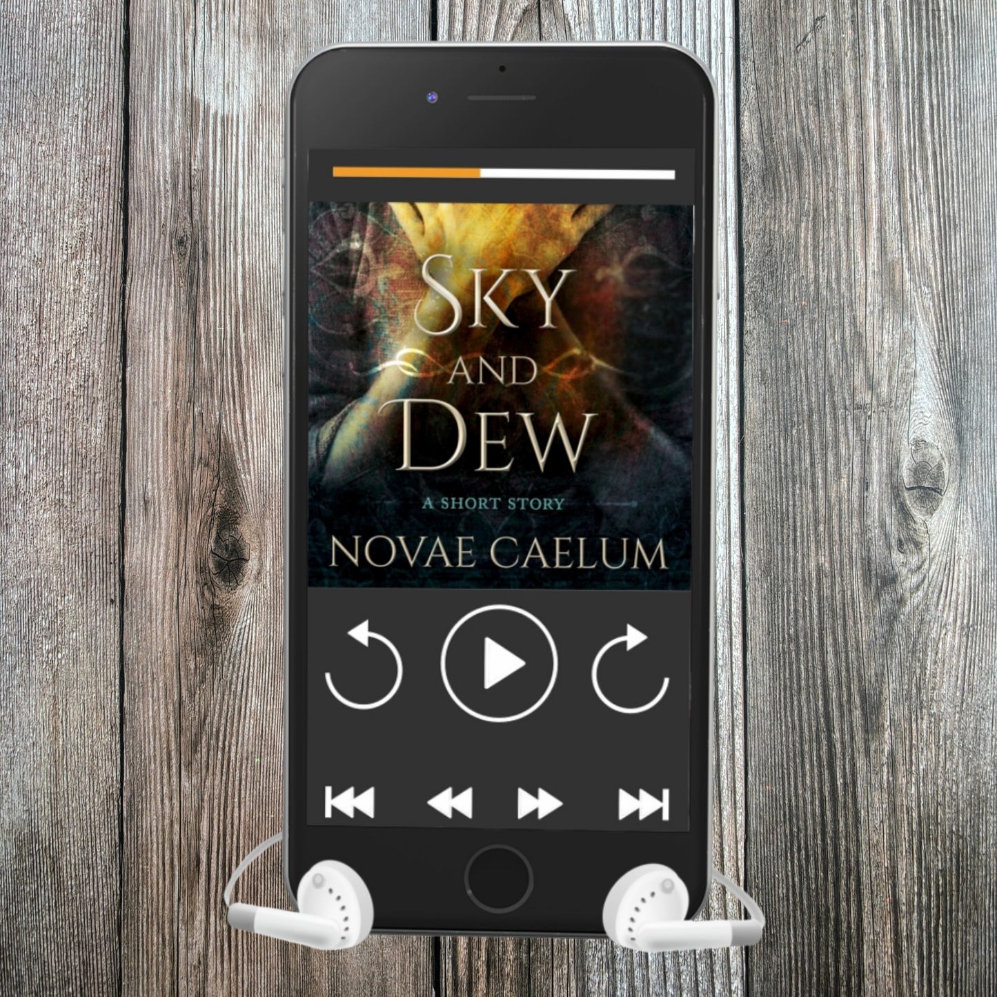 Smartphone displaying a digitally narrated audiobook titled "Magnificient: A Nonbinary Superhero Novella" by Novae Caelum with white earphones plugged in. The screen shows playback controls and an image of swirling red smoke on a black backdrop.