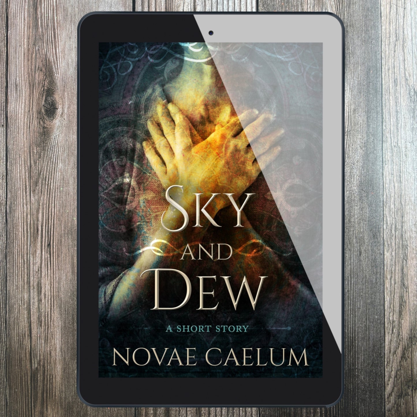 A tablet displaying the cover of the book titled "Sky and Dew: A Short Story" by Novae Caelum with white earphones plugged in. The screen shows playback controls and an image of a woman with hands crossed over her clavicle. 
