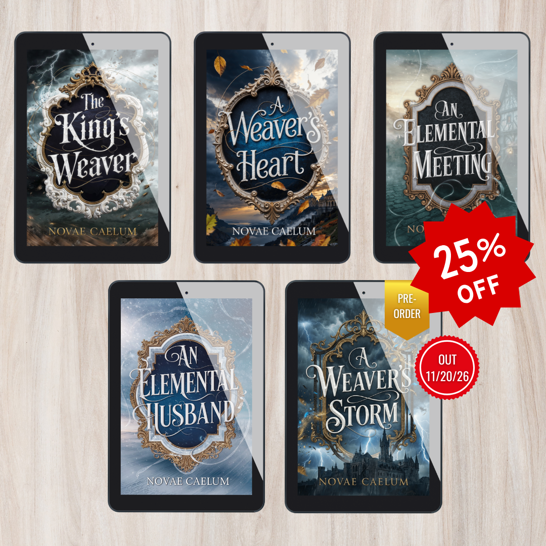 Five book covers by Novae Caelum on tablets with promotional text on a wooden surface.