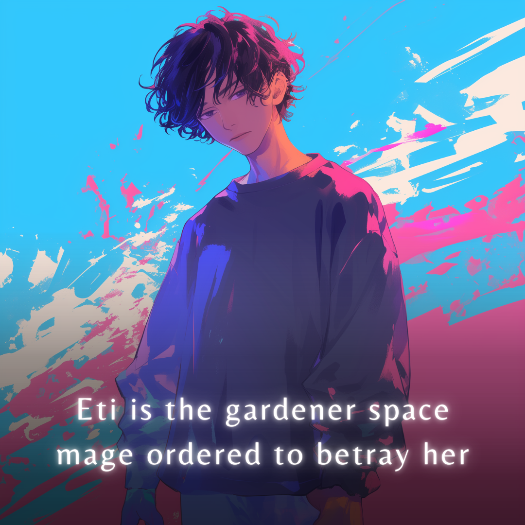 Digital illustration of a young, pale-skinned character with messy, wavy dark hair. They have a calm, slightly melancholic expression and are wearing an oversized, dark blue-purple long-sleeved sweater. The lighting is heavily stylized, casting vibrant blue and magenta hues across the character. The background features dynamic, abstract, painterly brushstrokes of bright blue, pink, and white.