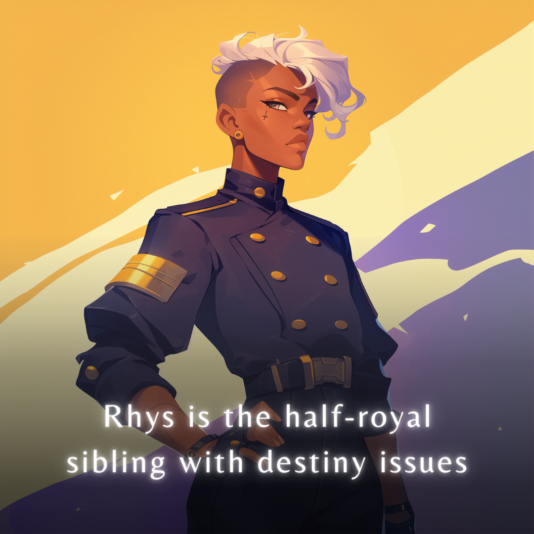 An illustration of a character with brown skin and an undercut hairstyle featuring wavy white hair swept to one side. They have a small cross tattoo under one eye and an intense, focused expression. They are wearing a dark, military-style double-breasted jacket with gold buttons and a gold band on the sleeve.