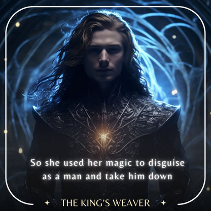 Moody fantasy poster of a long-haired man in ornate dark armor with a glowing chest sigil, surrounded by swirling blue magical light. Text reads: ‘So she used her magic to disguise as a man and take him down’ and ‘THE KING’S WEAVER.’