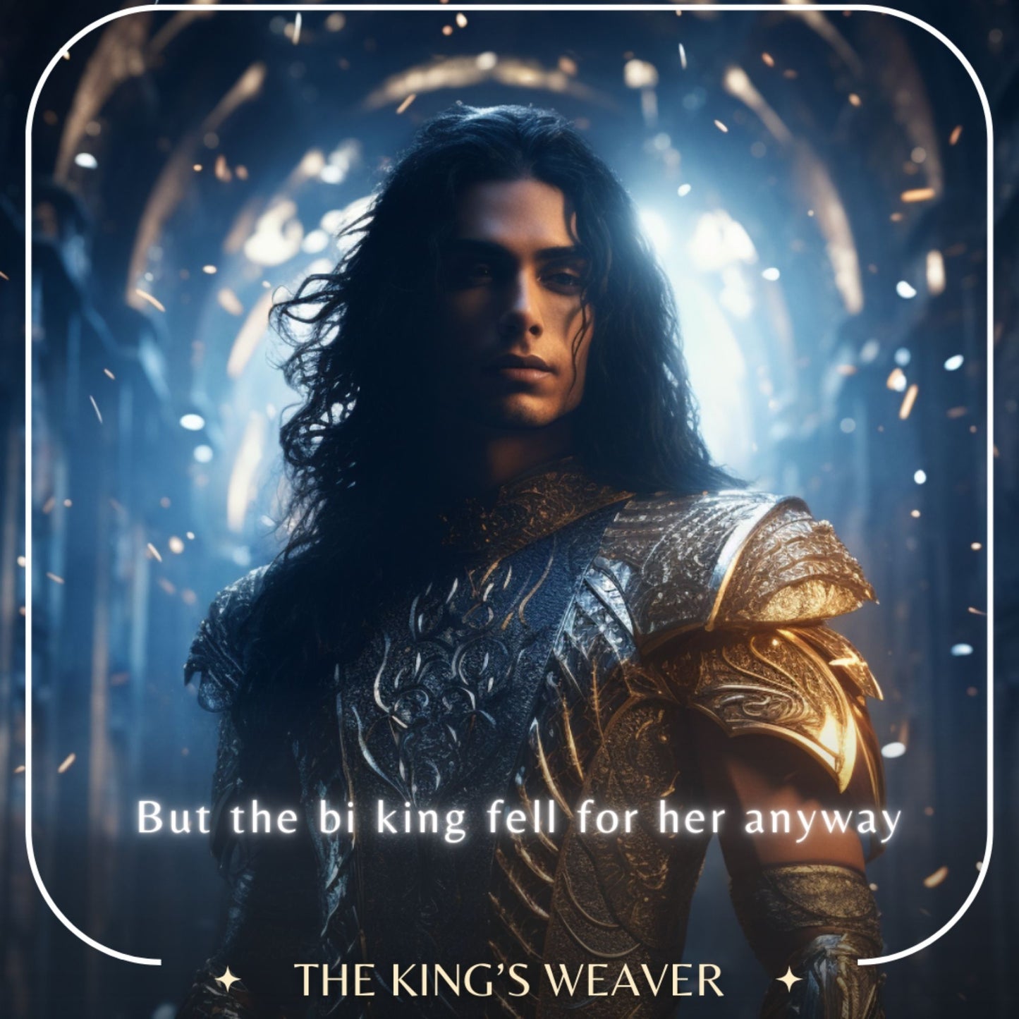 A cinematic, realistic digital portrait of a handsome King with long, dark, wavy hair. He has a serious, calm expression and is wearing elaborate armor detailed with intricate silver and gold filigree. He is backlit by a glowing, ethereal archway in a dark, atmospheric setting, with floating sparks of light drifting through the air around him.