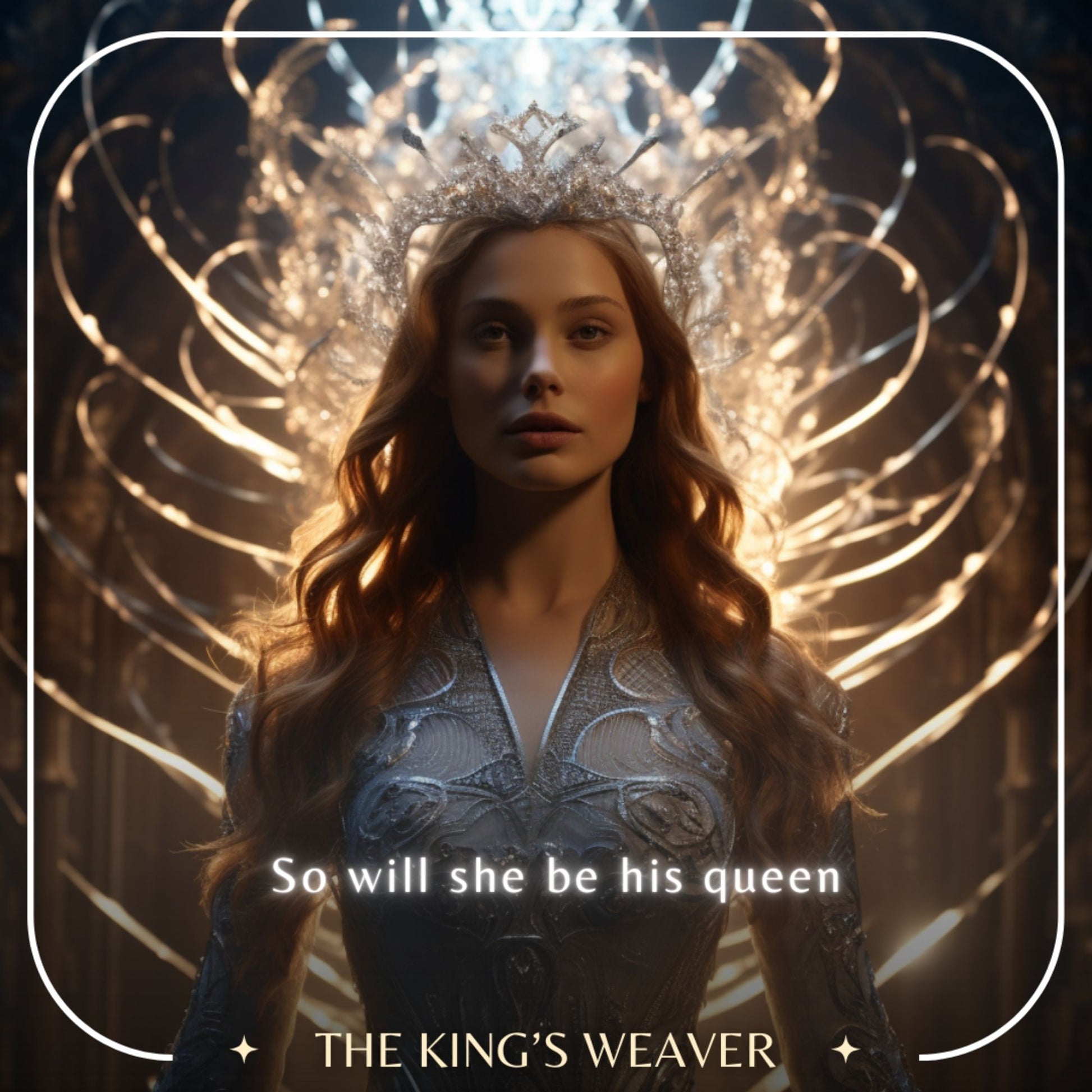 A cinematic digital portrait of a fair-skinned woman with long, wavy blonde hair and a regal, serious expression. She is wearing a highly detailed silver gown with intricate patterns and a complex, icy or crystalline crown. She is backlit by a massive, glowing structure behind her that resembles an elaborate halo made of curving strands of light.