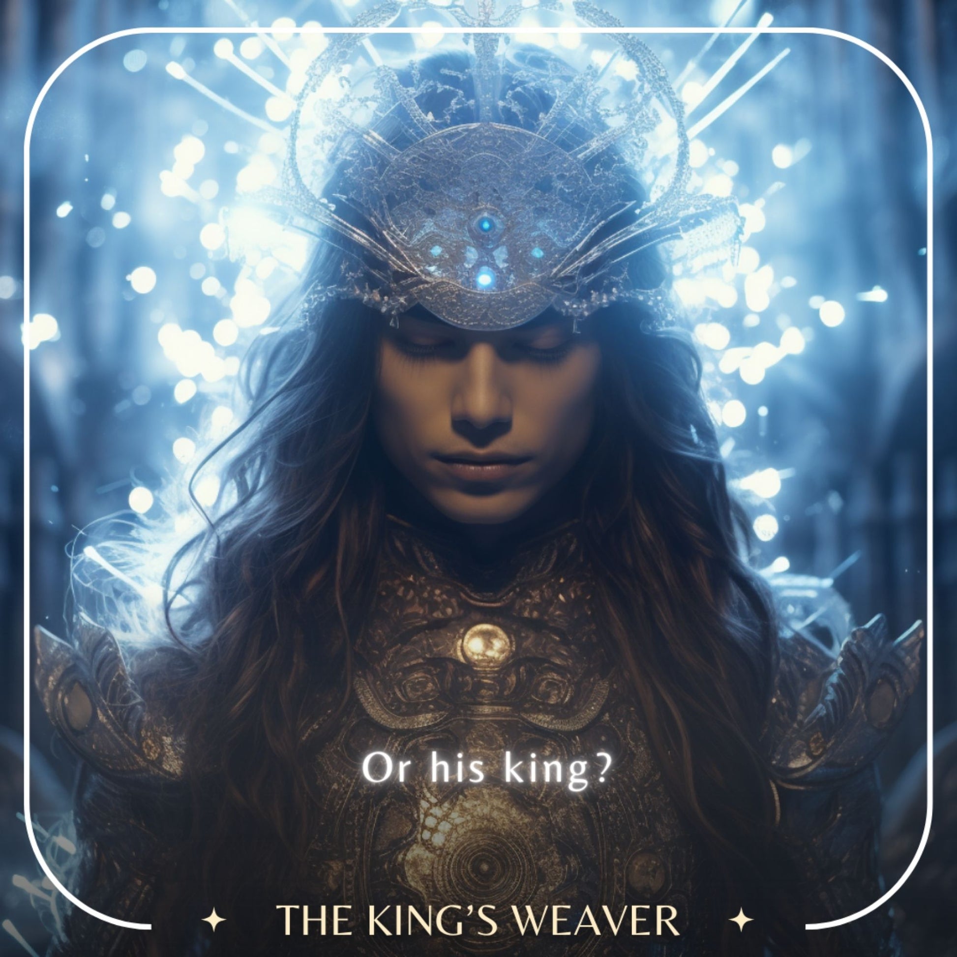 A cinematic, ethereal digital portrait of a character with long wavy dark hair and their eyes closed in a peaceful expression. They are wearing highly detailed, ornate armor with metallic elements and a complex, glowing crystalline crown featuring bright blue gems. The lighting is cool and magical, backlit by intense, sparkling blue bokeh lights that fill the background.