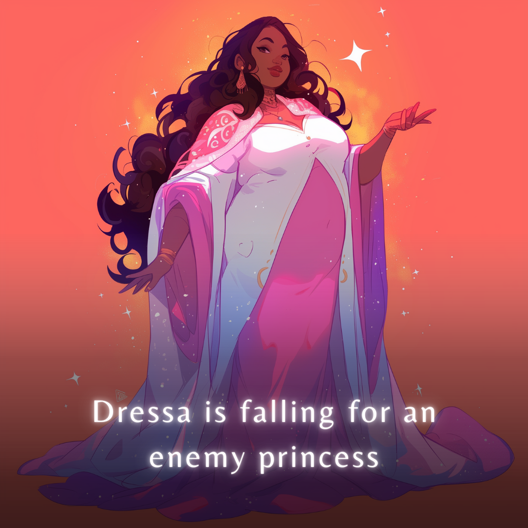Digital illustration of a confident, plus-size woman with dark skin and long, voluminous dark hair. She is wearing an elegant, flowing gown that is white on the outside with pink underlayers, featuring intricate shoulder patterns and blue-purple gradients at the hem. She has her arms gracefully extended outward against a glowing, warm orange and peach background scattered with sparkles.