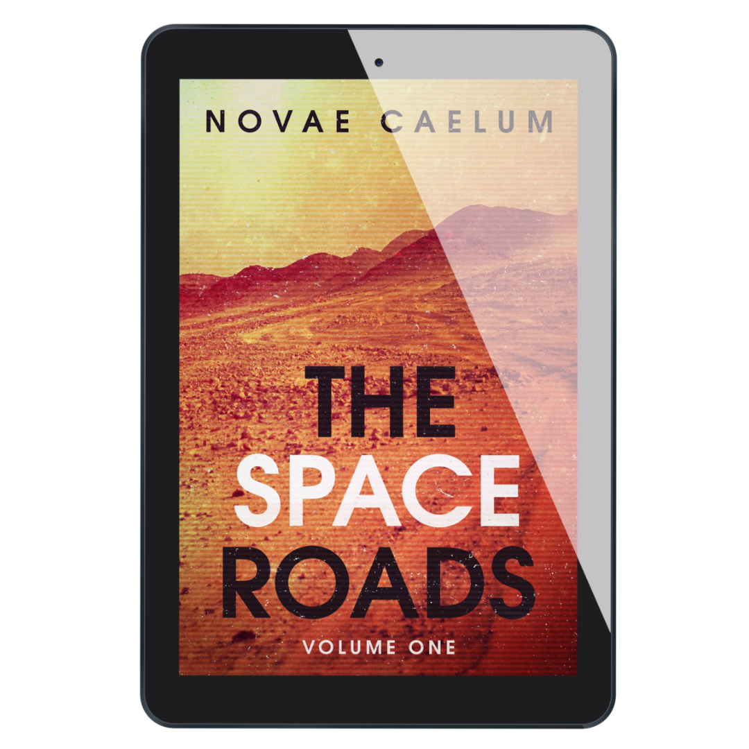 A tablet displaying the cover of the book "The Space Roads - Volume 1" by Novae Caelum, featuring an image of red, rocky landscape and yellow-tinted sky.
