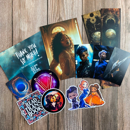 A collection of swag (cards, vinyl stickers, bookmarks) from Novae Caelum's "The Stars and Green Magics - Books 1-5". This collection is part of the SCRATCH AND DENT - SIGNED Paperback Deluxe Swag Bundle.