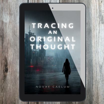 Tablet displaying the e-book version of Novae Caelum'A tablet displaying the cover of the book "Tracing an Original Thought" by Novae Caelum, featuring a darkened cityscape with a silhouetted individual in the foreground.s "Tracing an Original Thought".