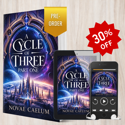 A Cycle of Three: Part One all-formats bundle: paperback, ebook tablet, and audiobook player, with PRE-ORDER flag and 30% OFF badge.