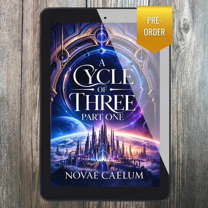 A Cycle of Three: Part One by Novae Caelum, ebook tablet mockup with a gold PRE-ORDER flag.