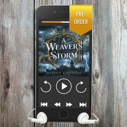 Audiobook mockup for "A Weaver's Storm: The King's Weaver Book 5" by Novae Caelum, shown on a smartphone player screen with the stormy cover art, play controls, and white earbuds, plus a gold "PRE-ORDER" ribbon badge.