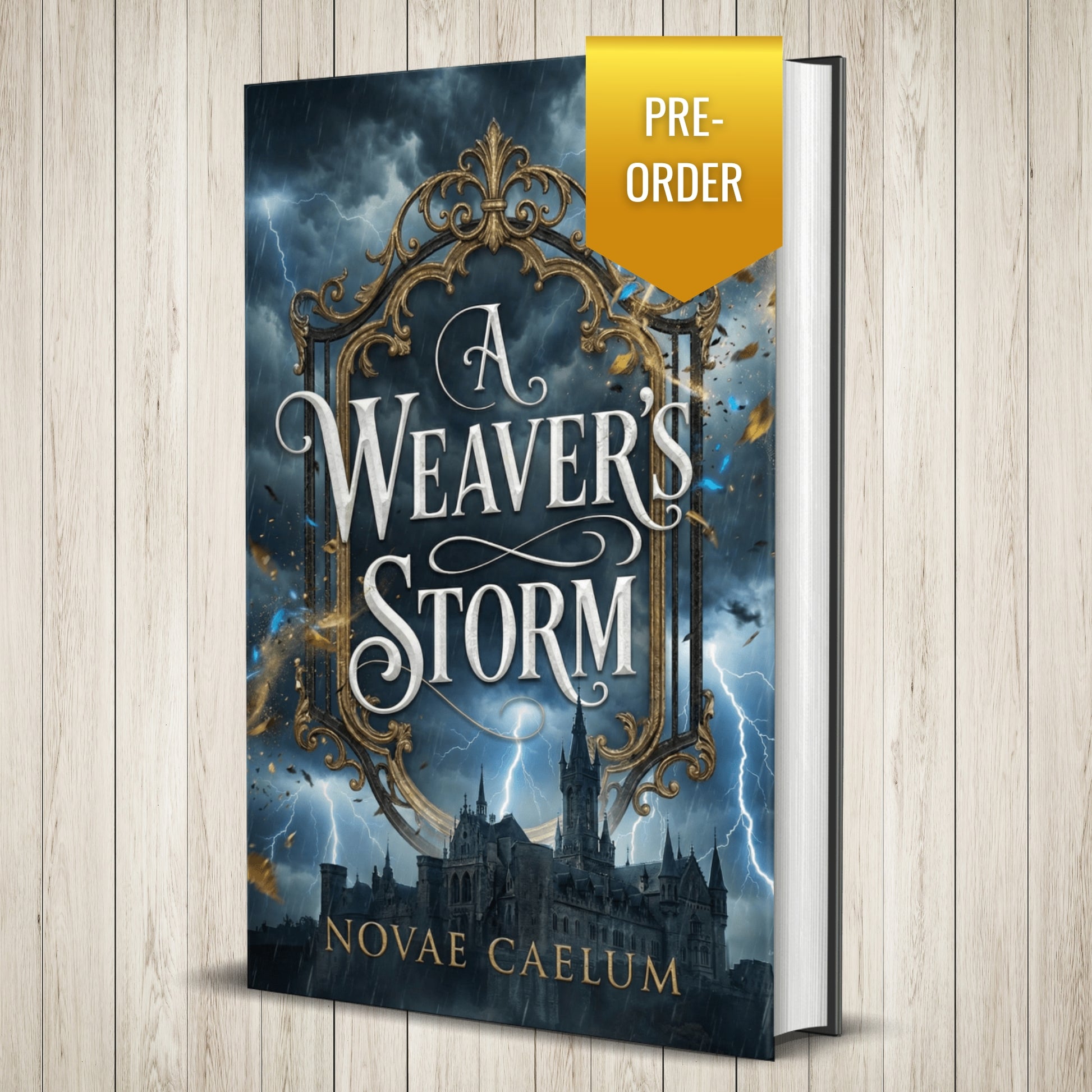 Book cover of "A Weaver's Storm: The King's Weaver Book 5" by Novae Caelum, hardcover edition standing upright, showing an ornate gold mirror frame over a lightning-streaked night sky and a silhouetted castle, with a gold "PRE-ORDER" ribbon badge.