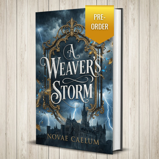 Book cover of "A Weaver's Storm: The King's Weaver Book 5" by Novae Caelum, hardcover edition standing upright, showing an ornate gold mirror frame over a lightning-streaked night sky and a silhouetted castle, with a gold "PRE-ORDER" ribbon badge.