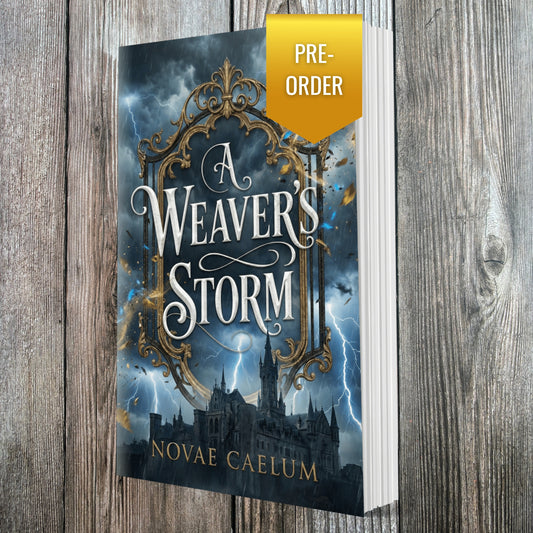 Book cover of "A Weaver's Storm: The King's Weaver Book 5" by Novae Caelum, paperback edition standing upright against a wood-plank background, showing an ornate gold mirror frame over a stormy night sky and silhouetted castle, with a gold "PRE-ORDER" ribbon badge.