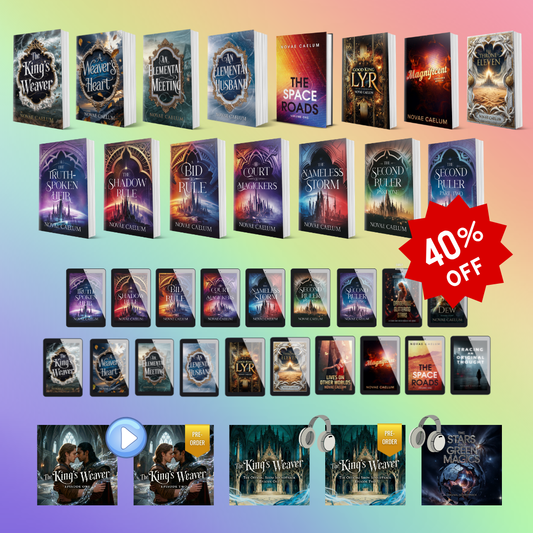 Collage of the All Here Mega Bundle: dozens of Novae Caelum paperbacks and ebook covers, The King's Weaver show Episode One and Two art marked 'Pre-Order,' two soundtrack covers, and the Stars and Green Magics audiobook cover, with a 40% off starburst sticker.