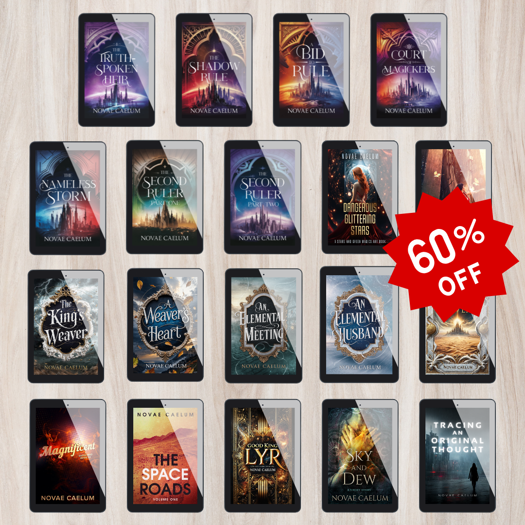 Grid of Novae Caelum ebook covers displayed on tablet mockups, including The Stars and Green Magics series, The King's Weaver series, and Good King Lyr, with a red 60% off starburst sticker.