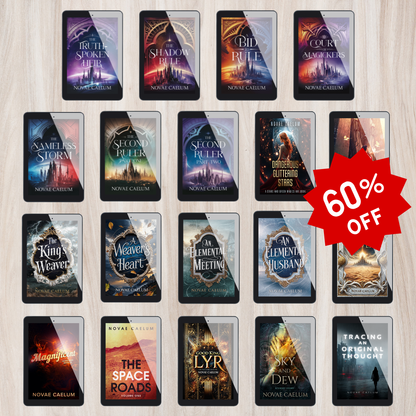 Grid of Novae Caelum ebook covers displayed on tablet mockups, including The Stars and Green Magics series, The King's Weaver series, and Good King Lyr, with a red 60% off starburst sticker.