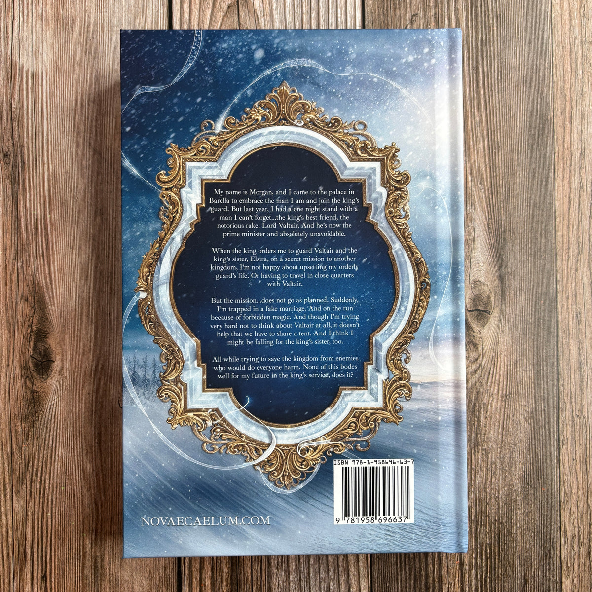 Back cover of the hardcover "An Elemental Husband: The King's Weaver Book 4" by Novae Caelum, showing the book's blurb text in an ornate silver-and-gold frame over a snowy background, with the ISBN barcode and novaecaelum.com website at the bottom.