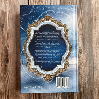 Back cover of the hardcover "An Elemental Husband: The King's Weaver Book 4" by Novae Caelum, showing the book's blurb text in an ornate silver-and-gold frame over a snowy background, with the ISBN barcode and novaecaelum.com website at the bottom.