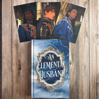 Hardcover of "An Elemental Husband: The King's Weaver Book 4" by Novae Caelum propped in front of three character art cards in a gothic hallway: a Black man with locs in a dark ornate robe, a light-skinned brunette man in a navy-and-gold royal robe, and a dark-haired woman in an ornate blue-and-gold robe.