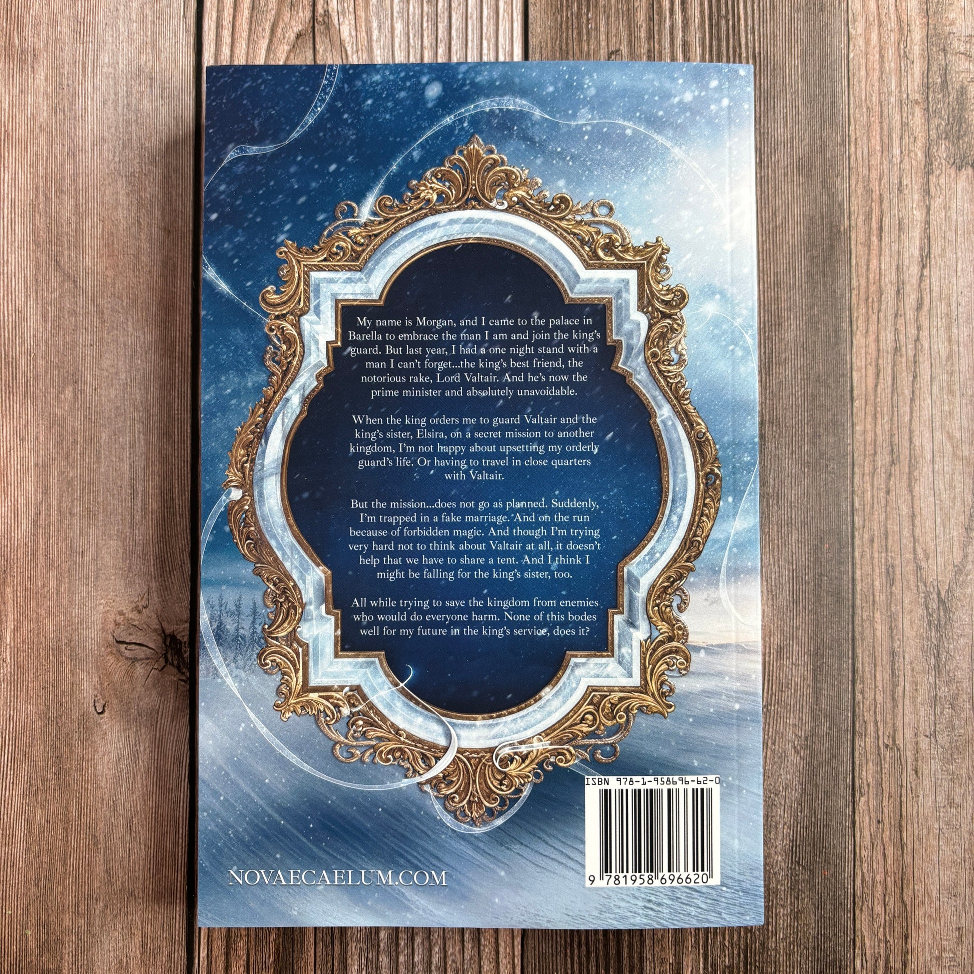 Back cover of the paperback "An Elemental Husband: The King's Weaver Book 4" by Novae Caelum, showing the book's blurb text in an ornate silver-and-gold frame over a snowy background, with the ISBN barcode and novaecaelum.com website at the bottom.