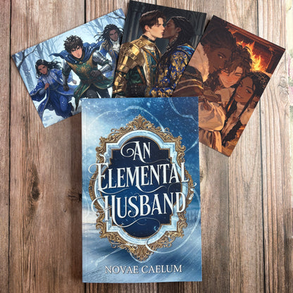 Paperback of "An Elemental Husband: The King's Weaver Book 4" by Novae Caelum propped in front of three more character art cards: a knight trio running through snow, two men in ornate gold-and-blue armor kissing, and a man and woman embracing warmly by a fireplace.