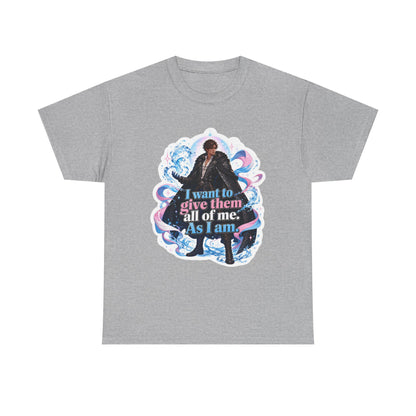 Heather grey unisex t-shirt with fantasy art of a person with dark curly hair in a long black fur-trimmed coat, surrounded by swirling pink and blue ribbons of magic, and the quote "I want to give them all of me. As I am."