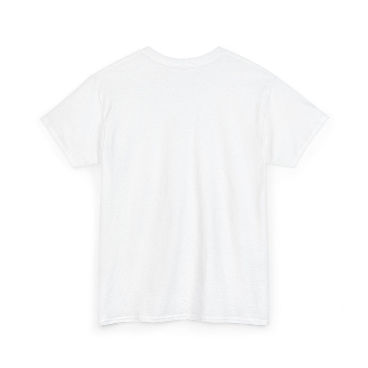 White unisex t-shirt, back view, plain with no print, shown flat.