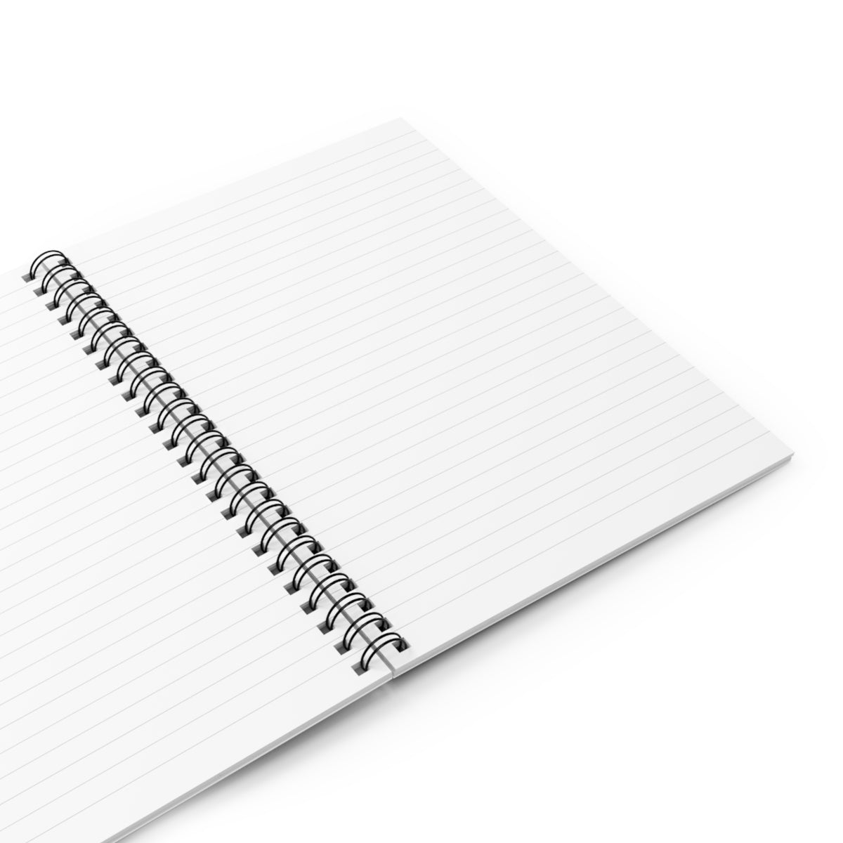 Close-up of the notebook's blank lined interior pages and black wire spiral binding.