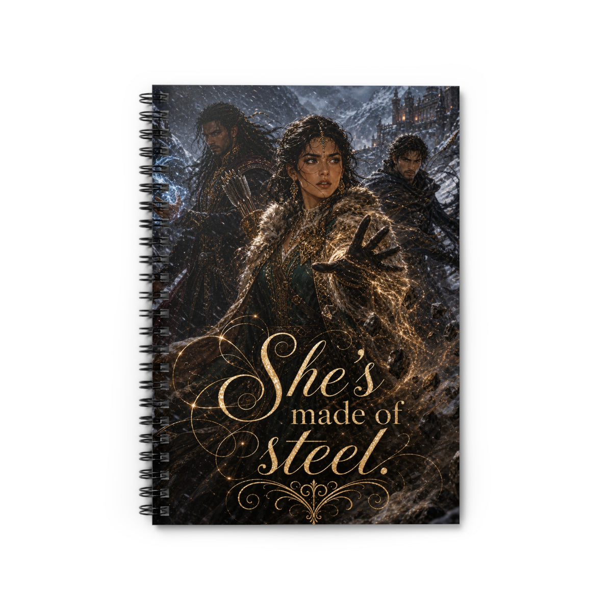 Spiral notebook standing upright, cover art of a curly-haired woman reaching out with a golden glow, flanked by two men in a snowy mountain scene, gold-lettered quote "She's made of steel."