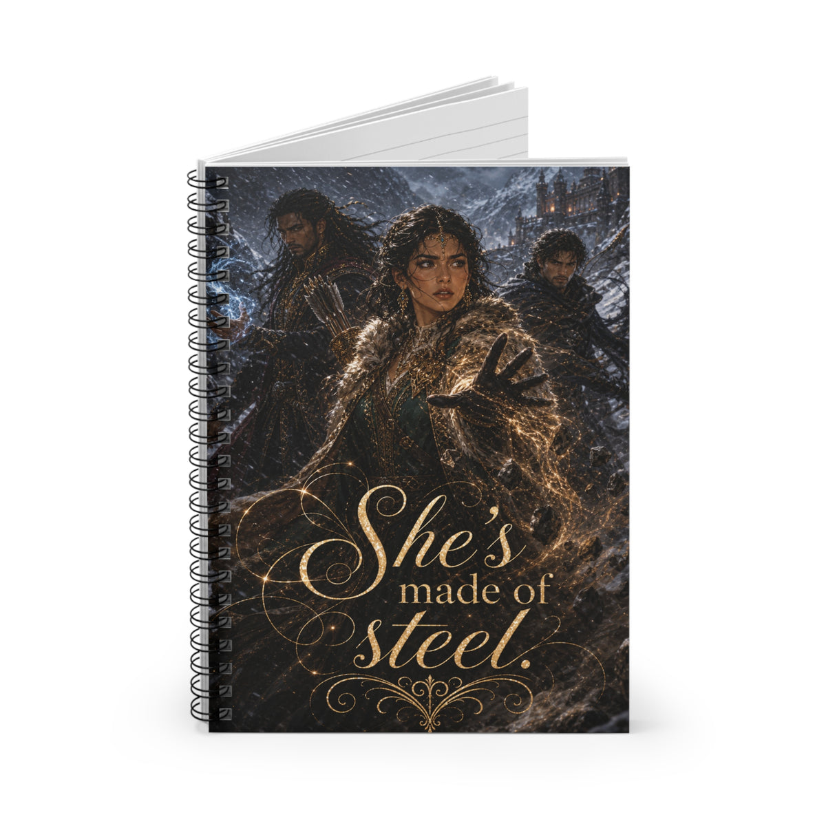 Angled front view of the same spiral notebook, showing its wire binding and fantasy cover art of three characters in the snow with the gold quote "She's made of steel."