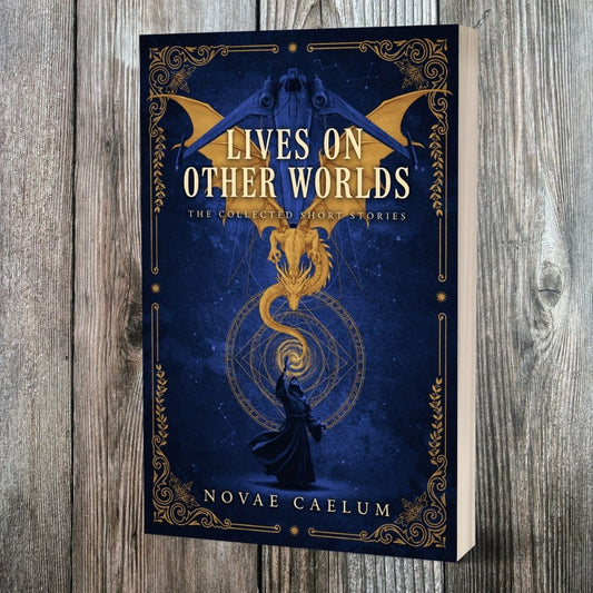 Lives on Other Worlds: The Collected Short Stories — signed paperback, wood background