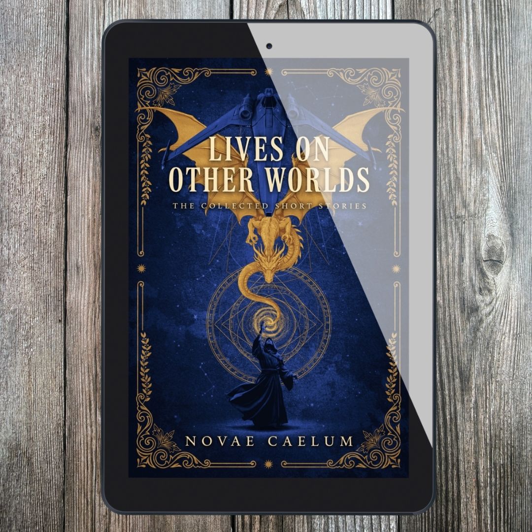 Lives on Other Worlds: The Collected Short Stories — ebook on a tablet, wood background