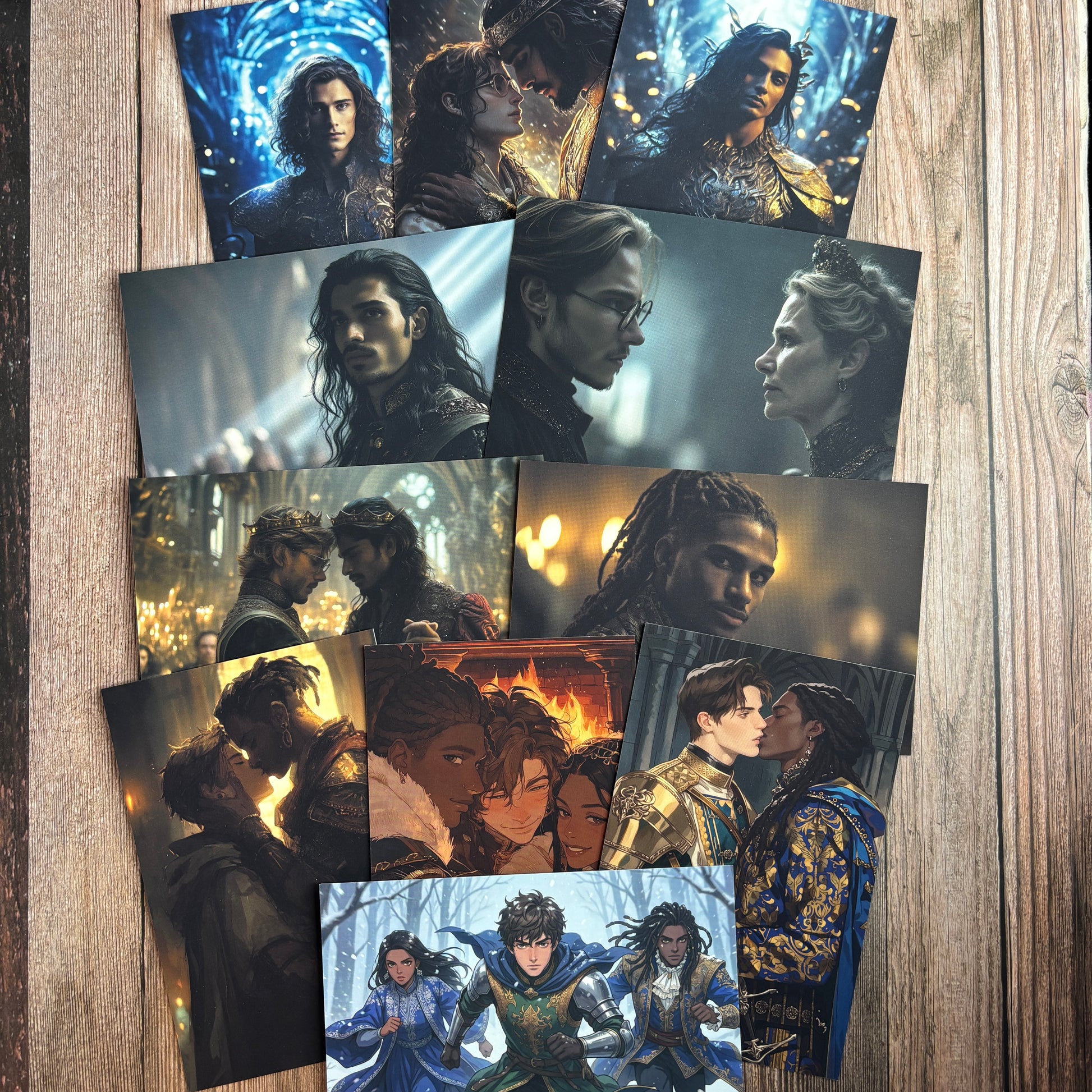 Grid of twelve illustrated fantasy character art cards from The King's Weaver series spread on a wood surface, showing crowned kings, guards, and characters in blue-and-gold royal attire under cool lighting.
