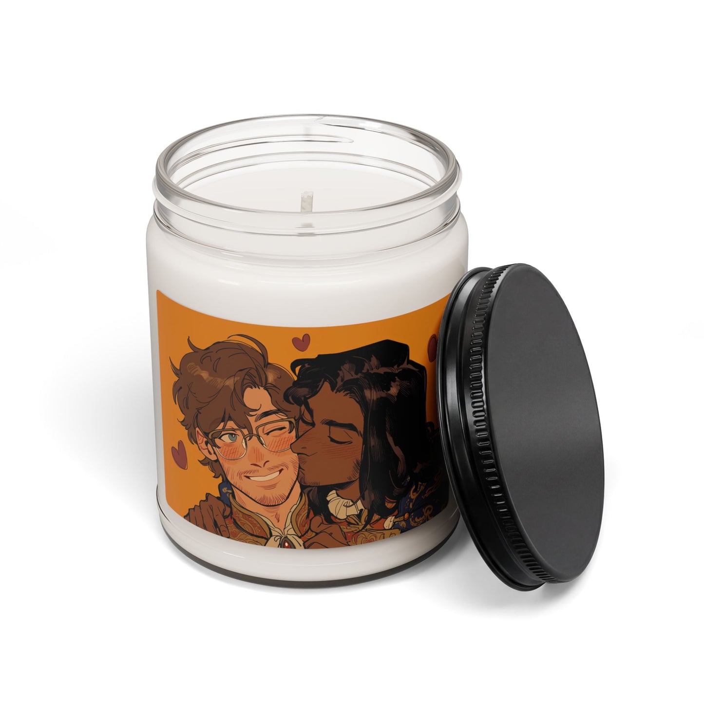 Same 9oz soy candle jar with the lid removed beside it, showing the wick and the romantic couple art label on an orange background with hearts.