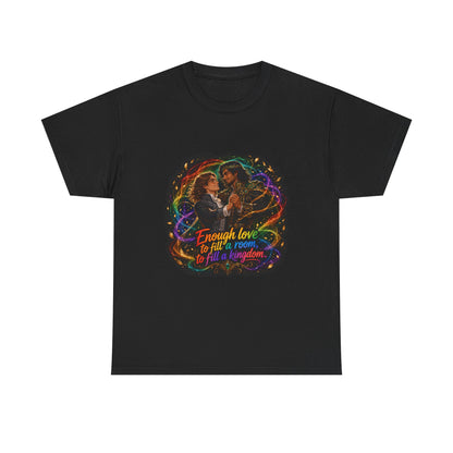 Black unisex t-shirt with fantasy art of two men in formal attire dancing, wrapped in swirling rainbow magic and gold leaves, and the quote "Enough love to fill a room, to fill a kingdom."