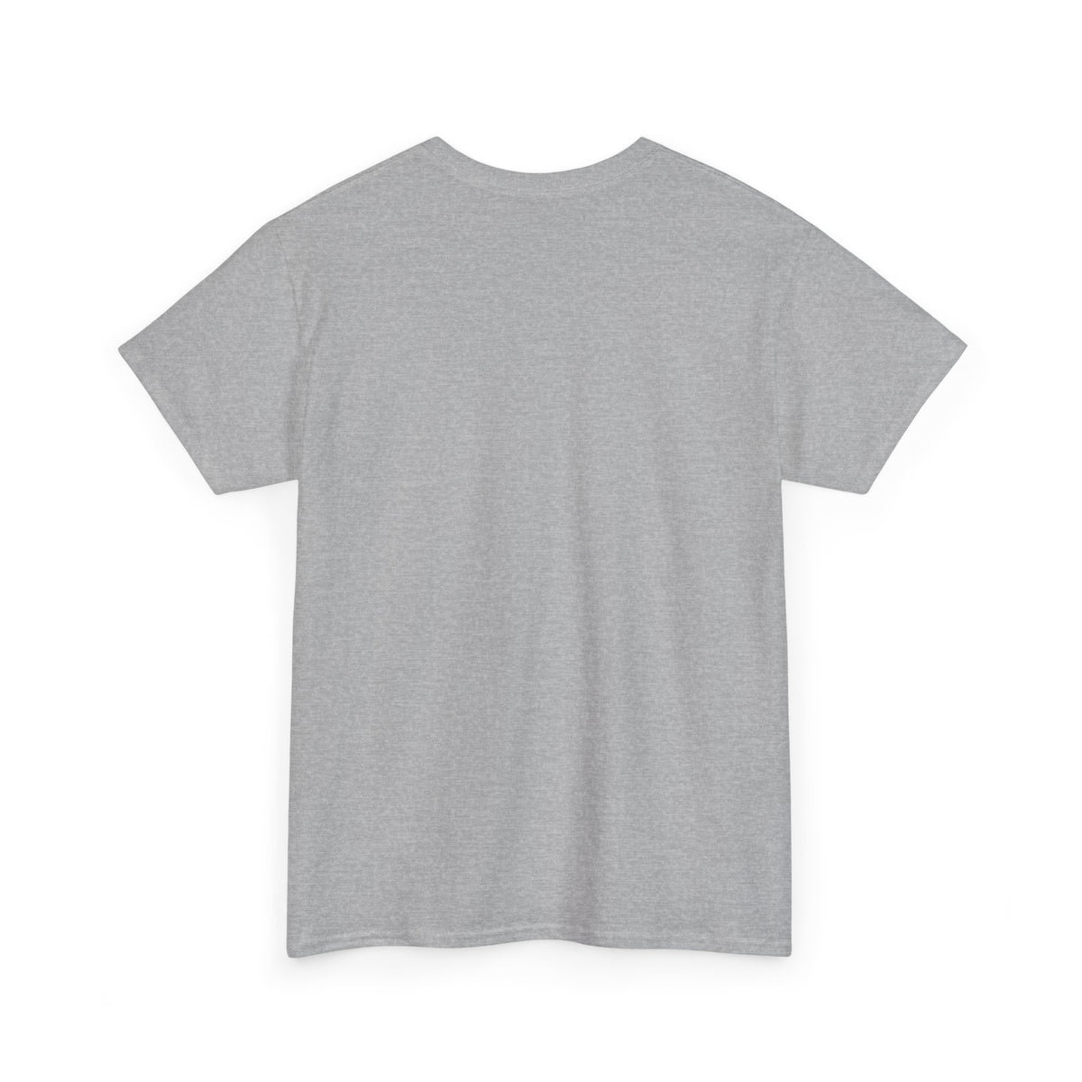 Heather grey unisex t-shirt, back view, plain with no print, shown flat.