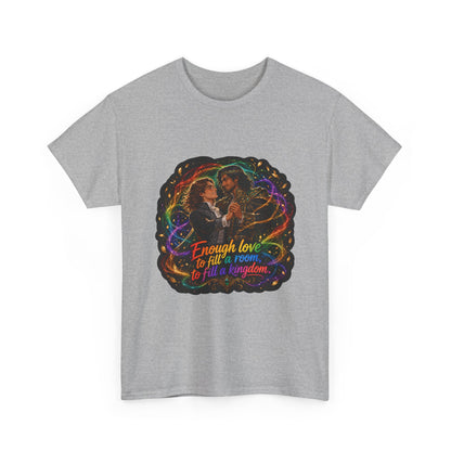 Heather grey unisex t-shirt with fantasy art of two men in formal attire dancing, wrapped in swirling rainbow magic and gold leaves, and the quote "Enough love to fill a room, to fill a kingdom," shown flat.