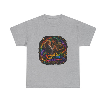 Heather grey unisex t-shirt with fantasy art of two men in formal attire dancing, wrapped in swirling rainbow magic and gold leaves, and the quote "Enough love to fill a room, to fill a kingdom."