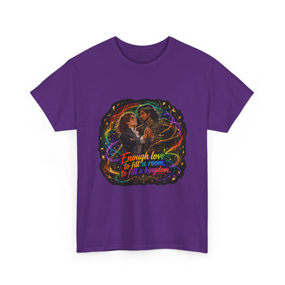 Purple unisex t-shirt with fantasy art of two men in formal attire dancing, wrapped in swirling rainbow magic and gold leaves, and the quote "Enough love to fill a room, to fill a kingdom," shown flat.