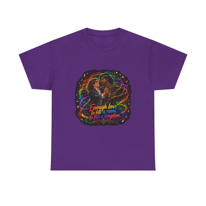 Purple unisex t-shirt with fantasy art of two men in formal attire dancing, wrapped in swirling rainbow magic and gold leaves, and the quote "Enough love to fill a room, to fill a kingdom."
