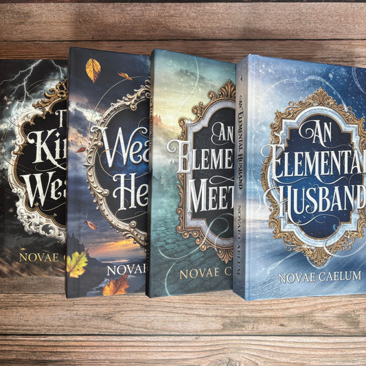 Stack of four fanned hardcover books from The King's Weaver series by Novae Caelum—The King's Weaver, A Weaver's Heart, An Elemental Meeting, and An Elemental Husband—on a wood-plank surface.