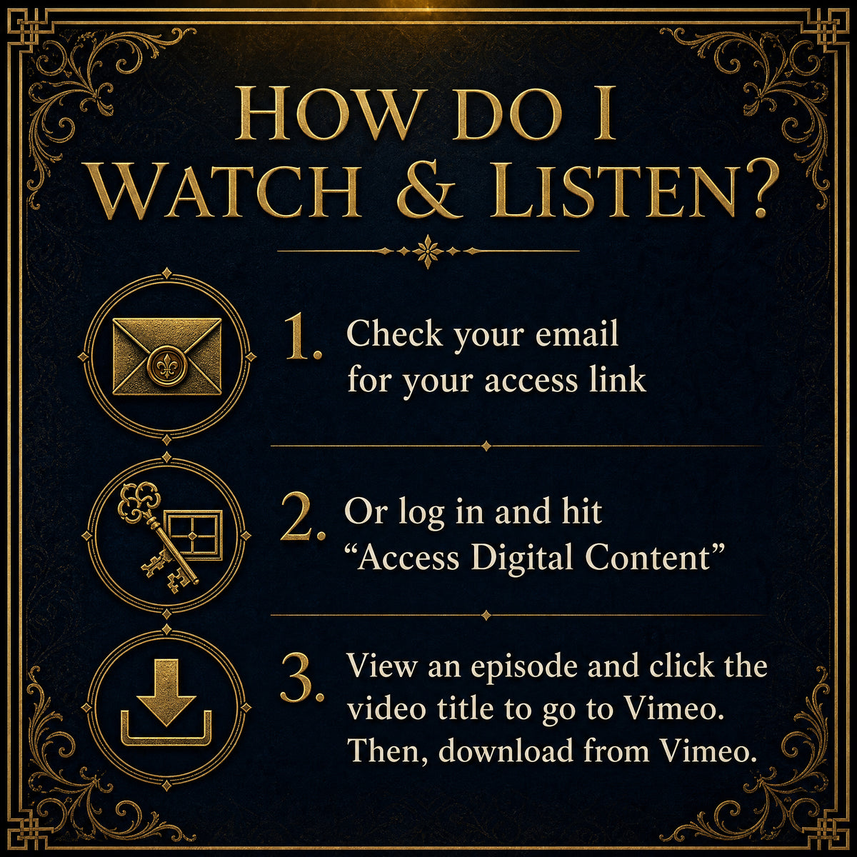 Infographic titled 'How Do I Watch & Listen?' with three gold-bordered steps on a dark background: check your email for the access link, log in and click 'Access Digital Content,' or view an episode and click the video title to go to Vimeo and download.