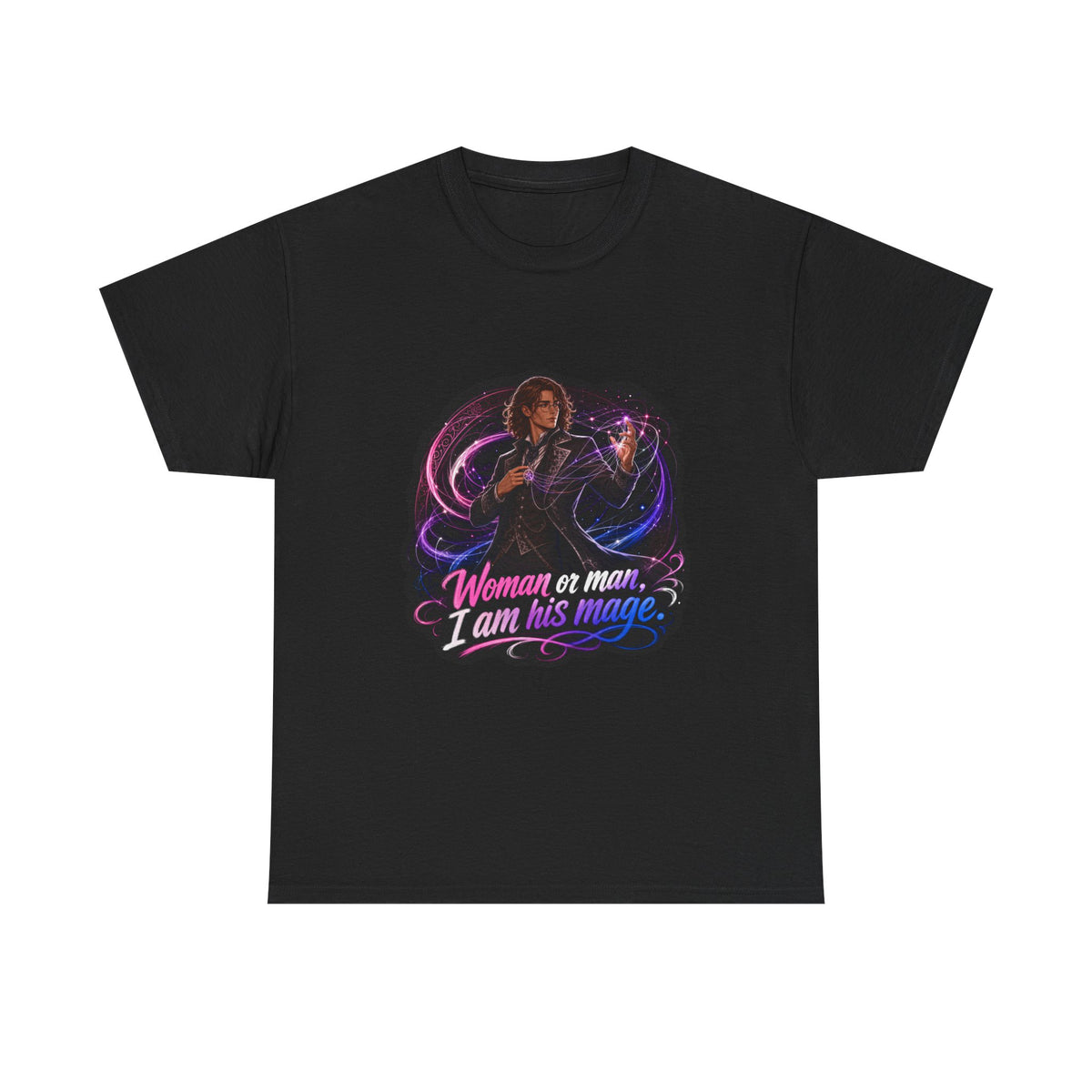 Black unisex t-shirt with fantasy art of a person with wavy brown hair in a dark vest and tie, one hand raised weaving pink and blue magic threads, and the quote "Woman or man, I am his mage."