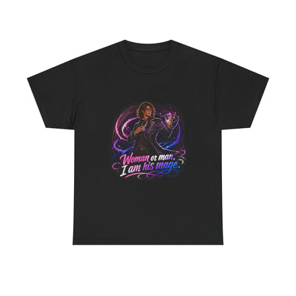 Black unisex t-shirt with fantasy art of a person with wavy brown hair in a dark vest and tie, one hand raised weaving pink and blue magic threads, and the quote "Woman or man, I am his mage."