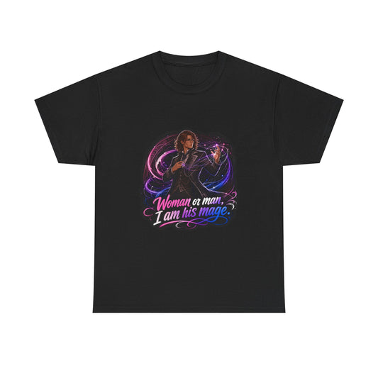 Black unisex t-shirt with fantasy art of a person with wavy brown hair in a dark vest and tie, one hand raised weaving pink and blue magic threads, and the quote "Woman or man, I am his mage."