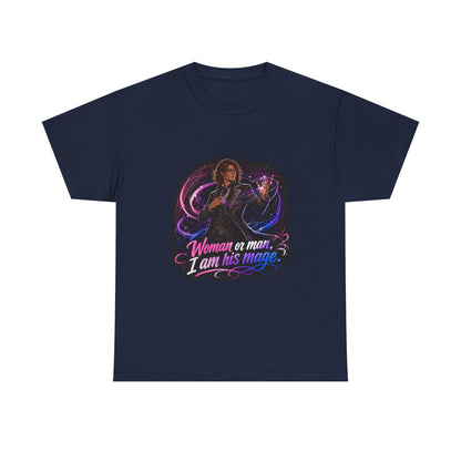 Navy unisex t-shirt with fantasy art of a person with wavy brown hair in a dark vest and tie, one hand raised weaving pink and blue magic threads, and the quote "Woman or man, I am his mage."